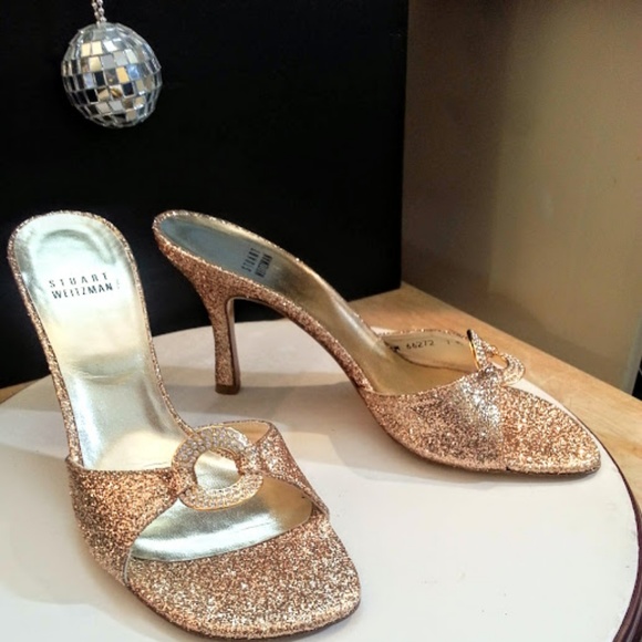 Stuart Weitzman x Swarovski rhinestone gold glitter 3.75" heel slide sandals sz7 - Picture 1 of 9